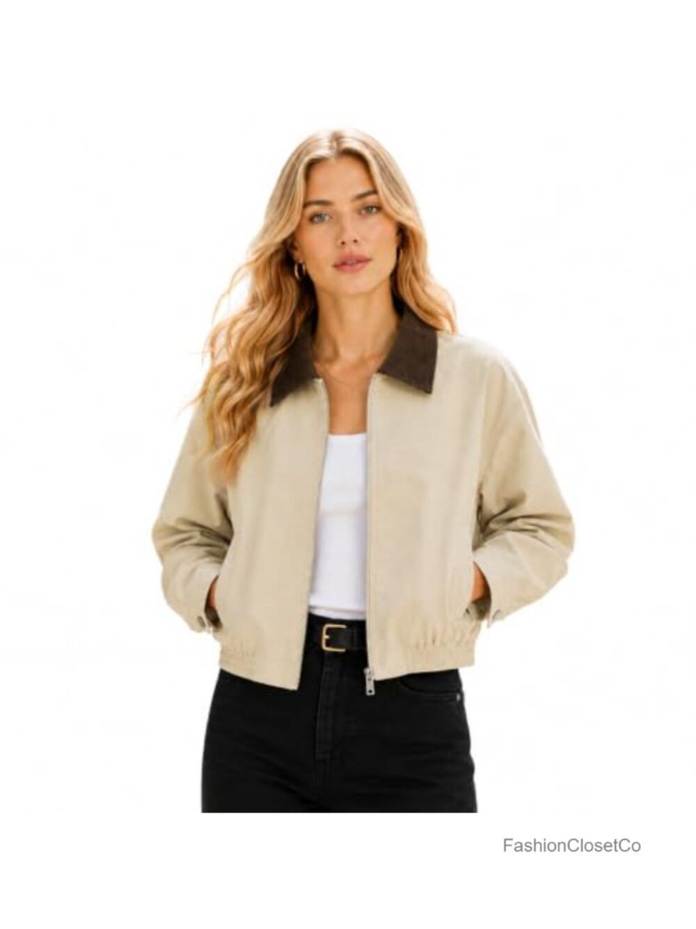 Women's Cropped Barn Jacket Zip Up Corduroy Collar Utility Coat
